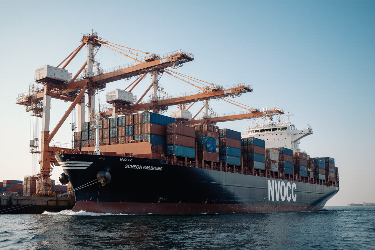 A large black container ship navigates the ocean near a busy port with cranes and containers visible in the background