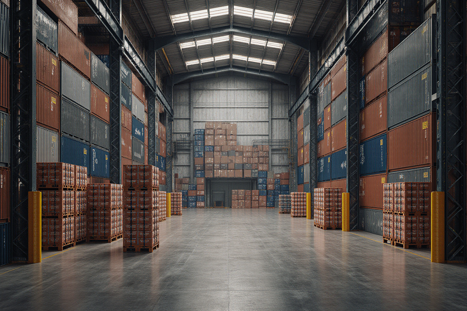 A vast warehouse interior filled with numerous stacked cardboard boxes and yellow protective corner shields awaiting shipment