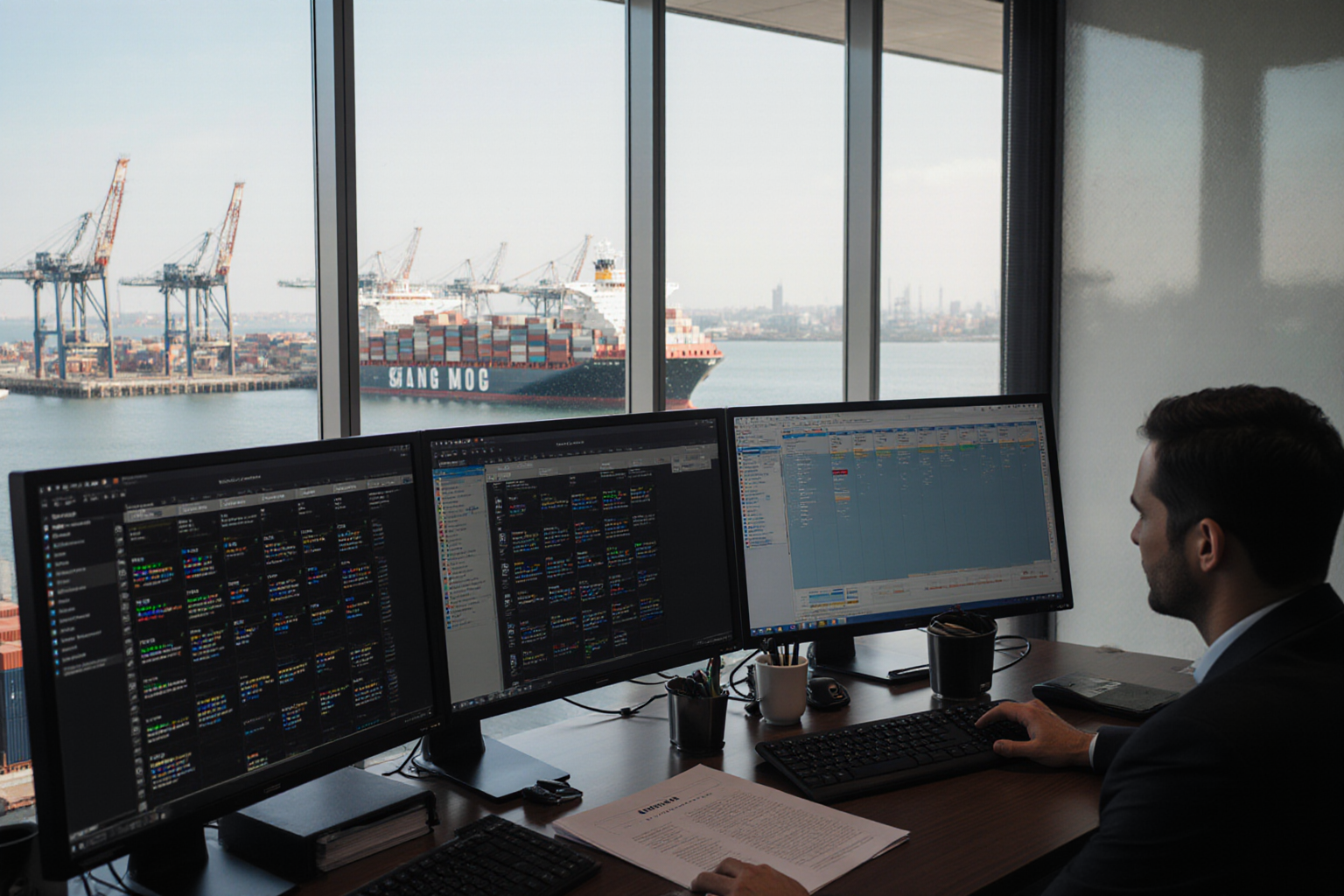 A businessman sits at a desk examining a computer screen amidst a blurred waterfront scene with cargo ships