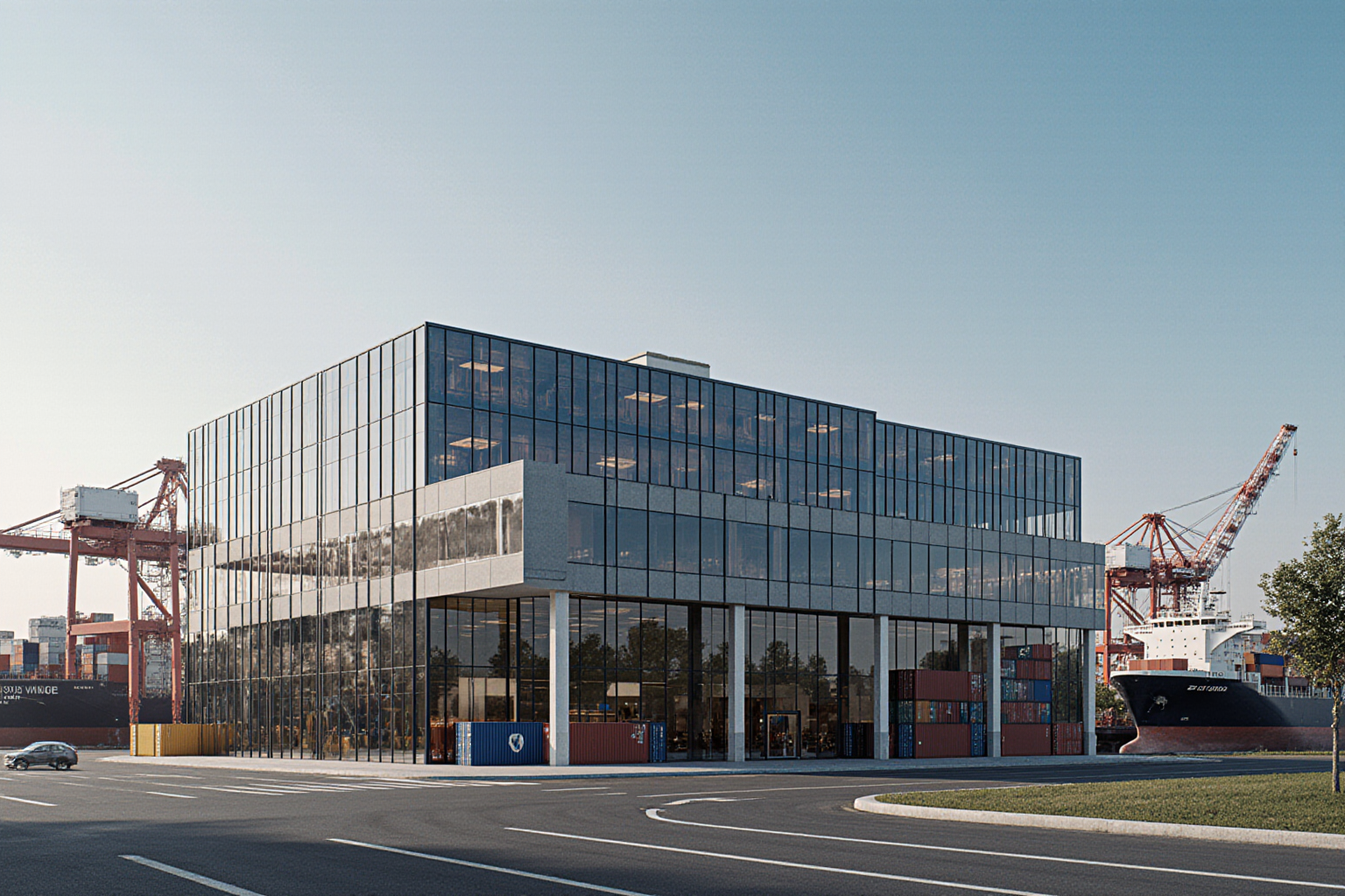 A modern gray building with a large crane stands beside a road and shipping containers