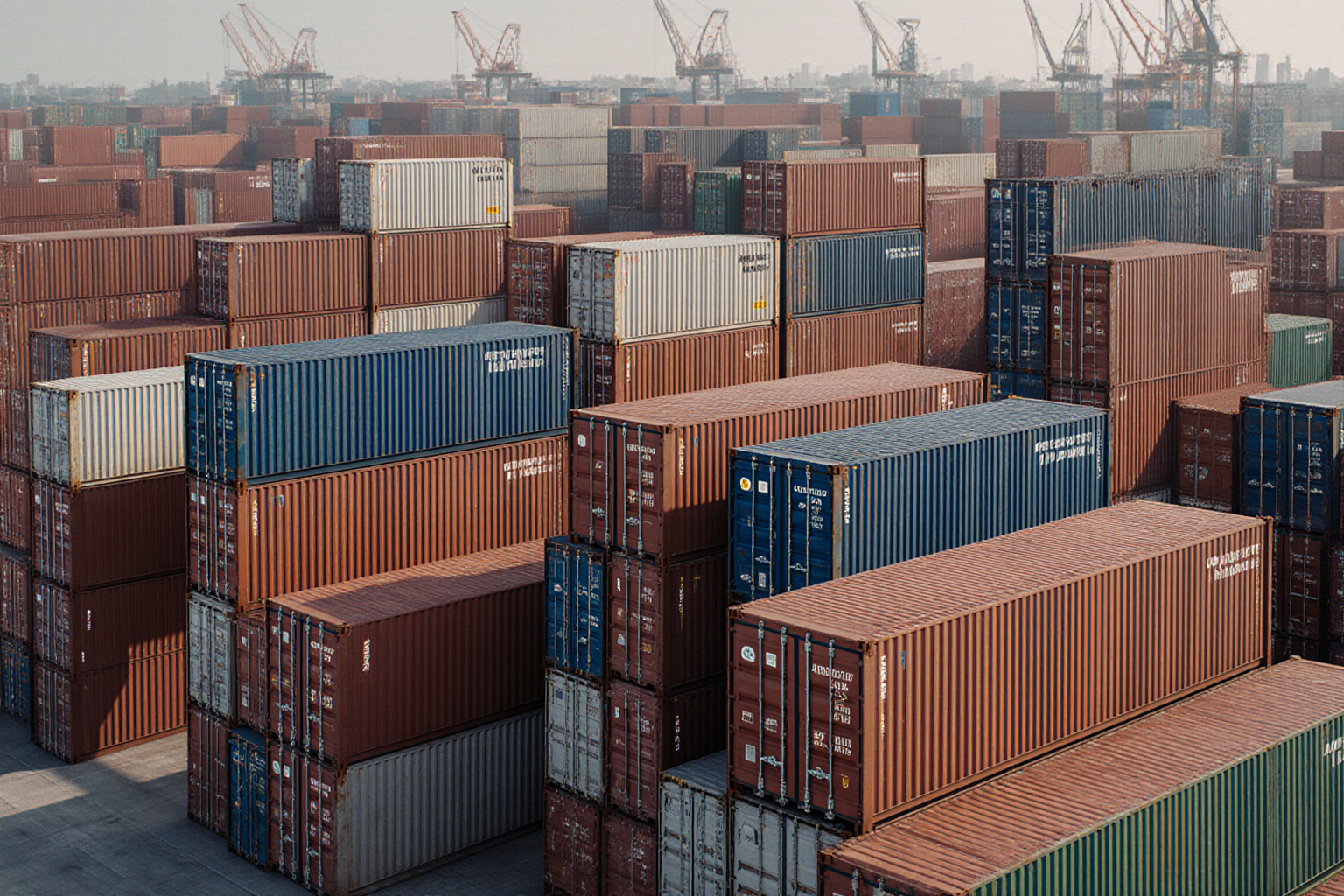 Stacked orange containers fill a warehouse background cranes operate in the distance suggesting a shipping or logistics