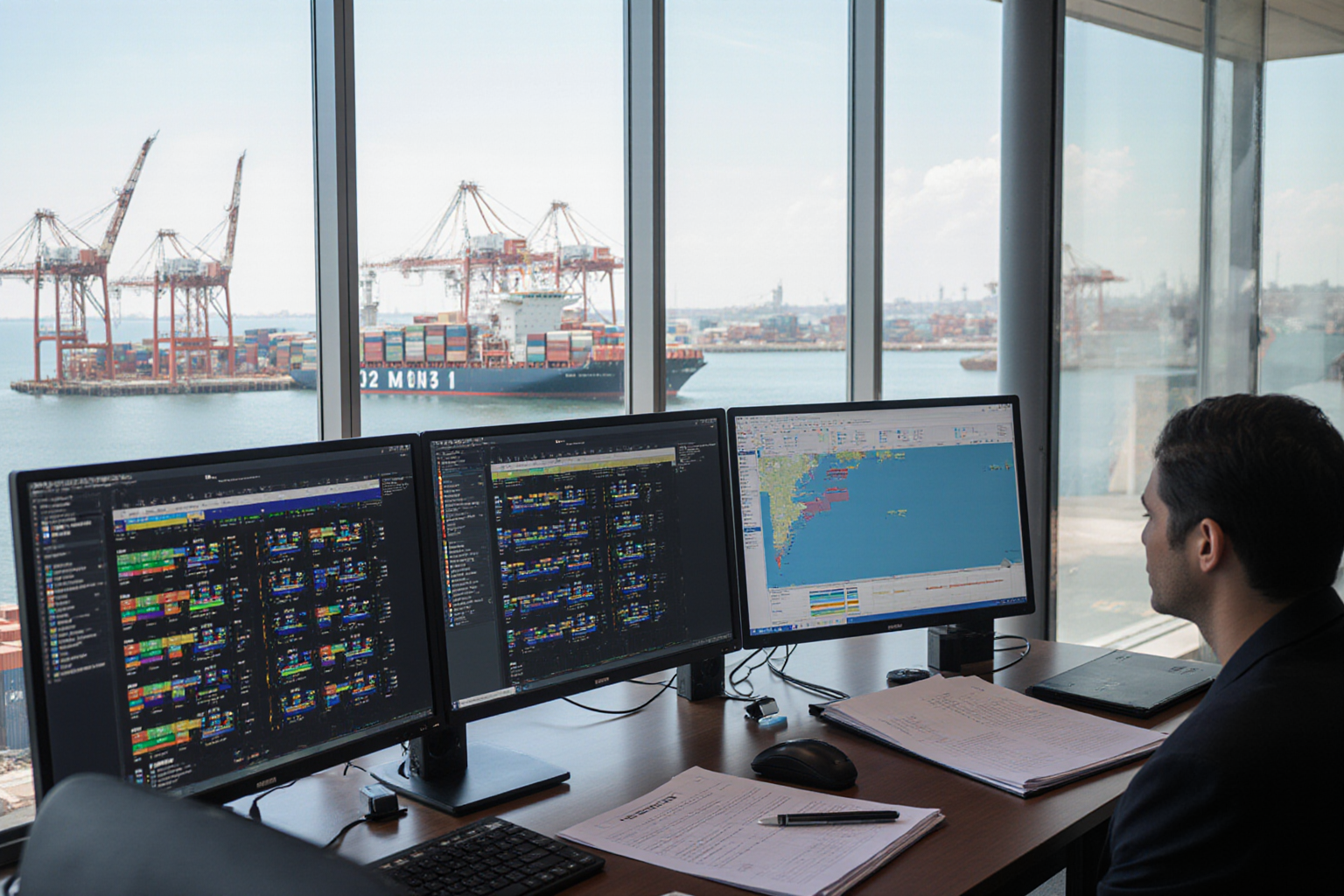 A man sits at a desk reviewing computer monitors in an office overlooking a busy port with numerous shipping containers and
