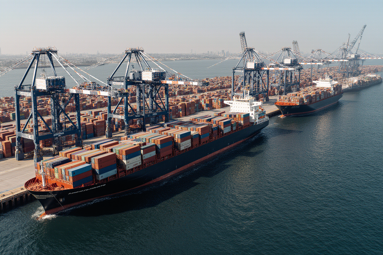 A large black cargo ship navigates the waterway with cranes visible in the background