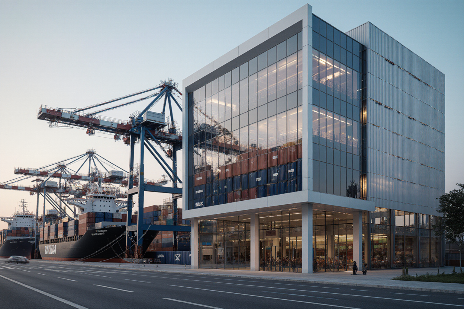A large black container ship sits in the harbor with a modern white building in the background