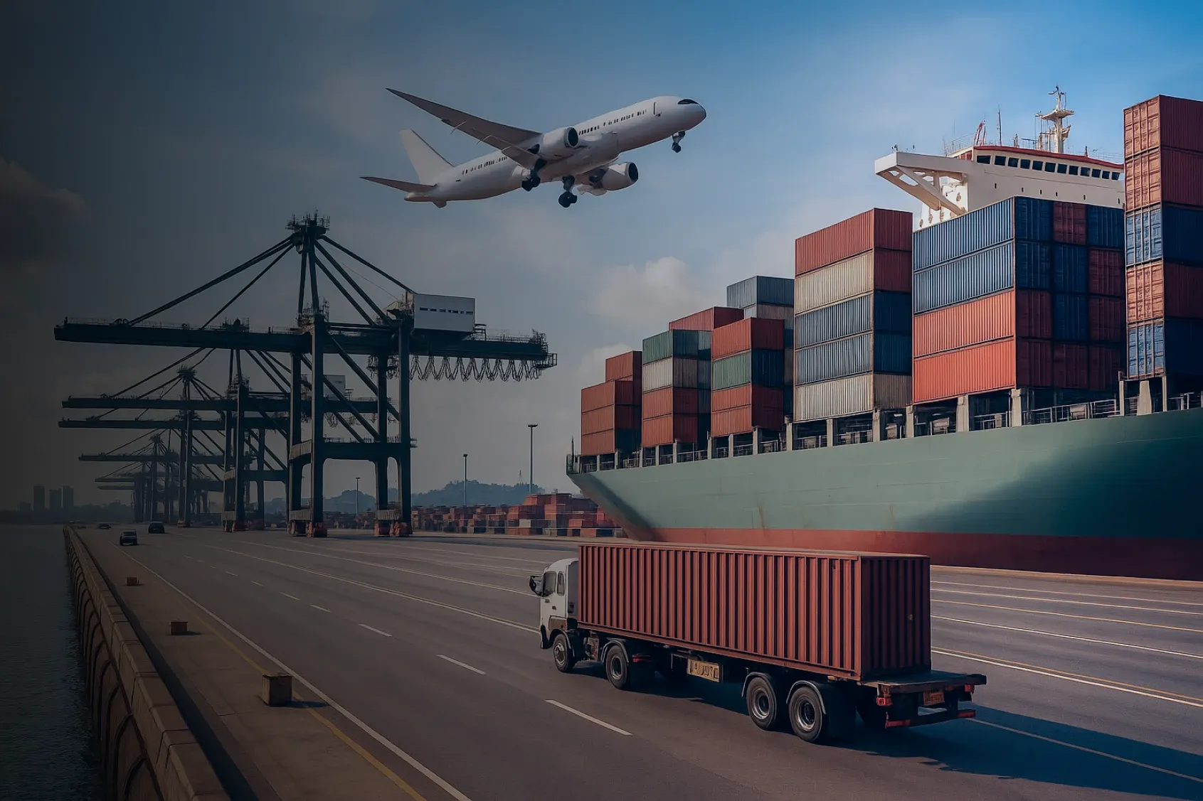 Illustration of global logistics pathways with shipping vessels and aircraft