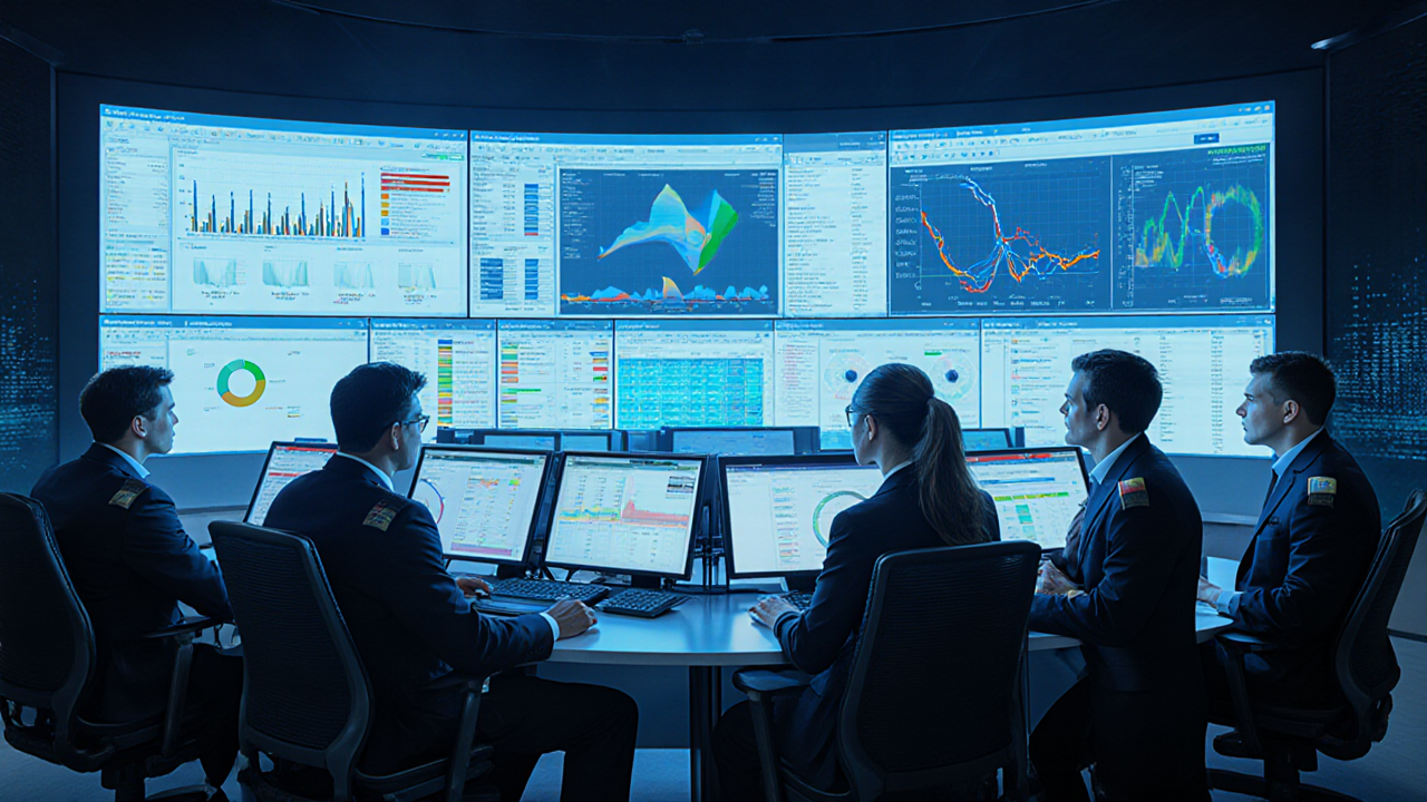 Four men intently monitor complex computer screens in a dark control room analyzing data and tracking trends
