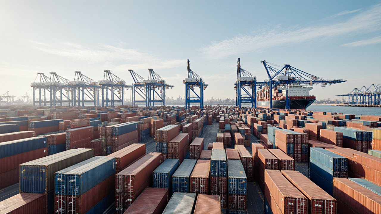 Stacked shipping containers fill a harbor with towering cranes loading a large container ship in the distance