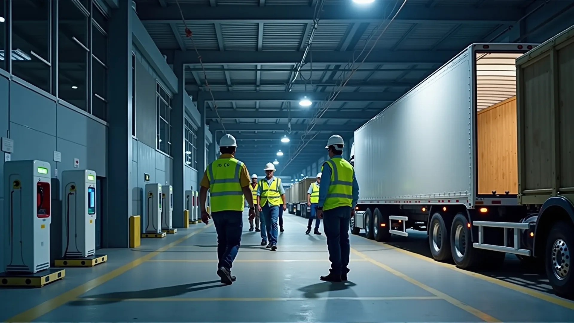 Construction workers, warehouse, industrial setting, equipment, machinery, yellow vests, building project, interior,