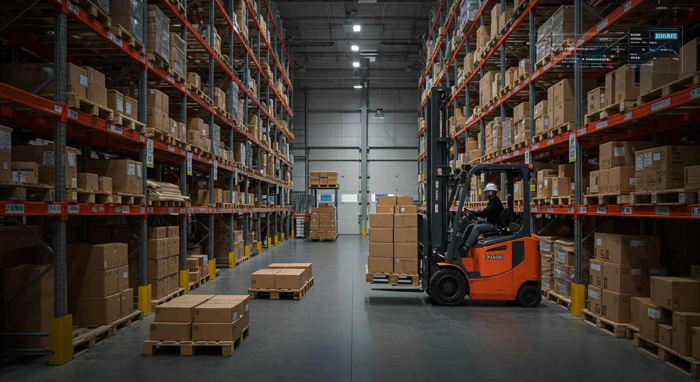 Warehouse shelves with neatly arranged kits and bundles