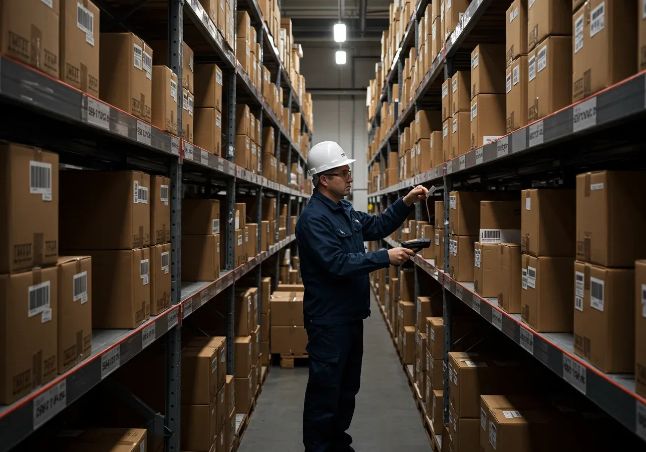 Warehouse workers using labeling and barcoding systems