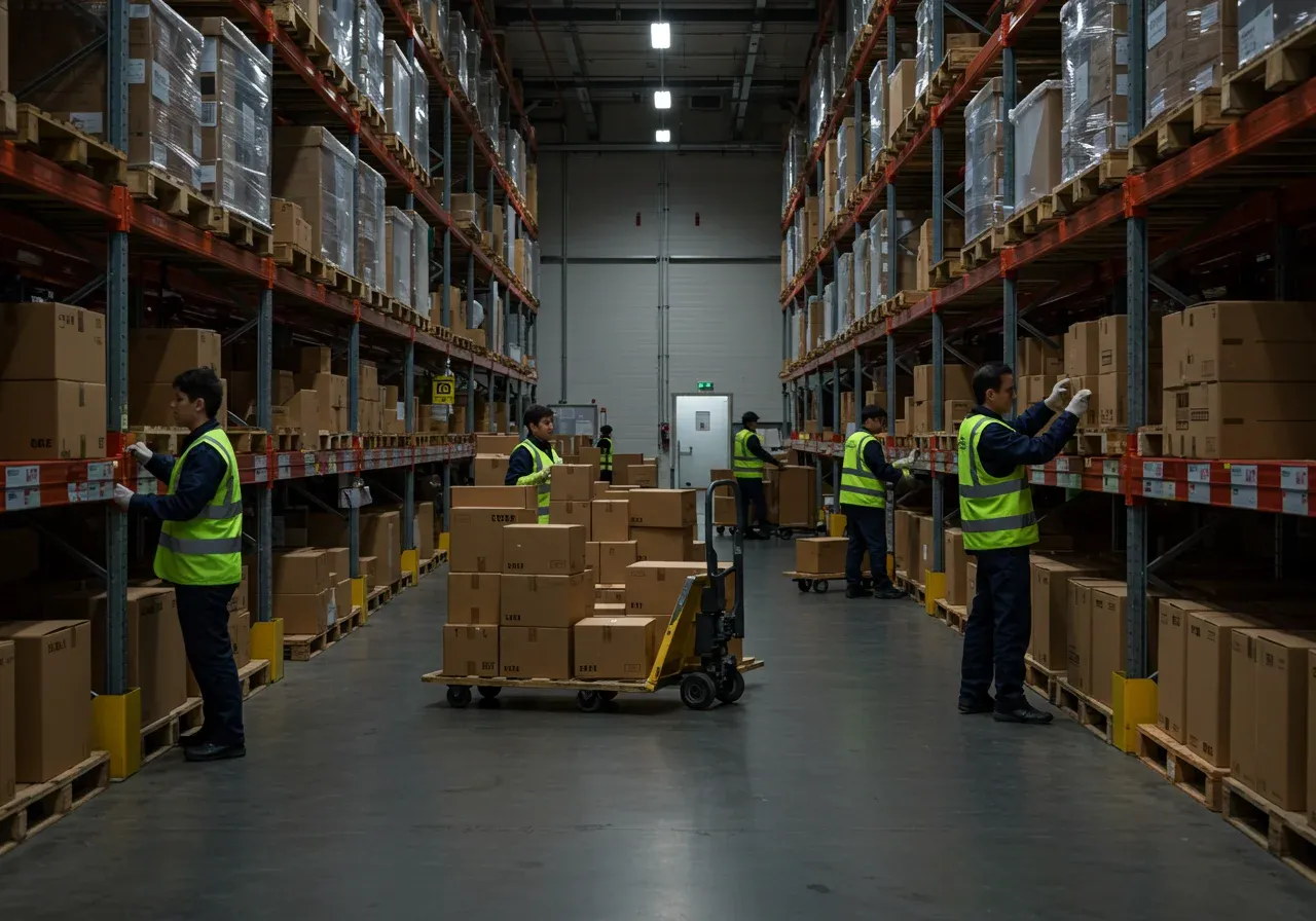 Warehouse employees executing precise picking and packing operations