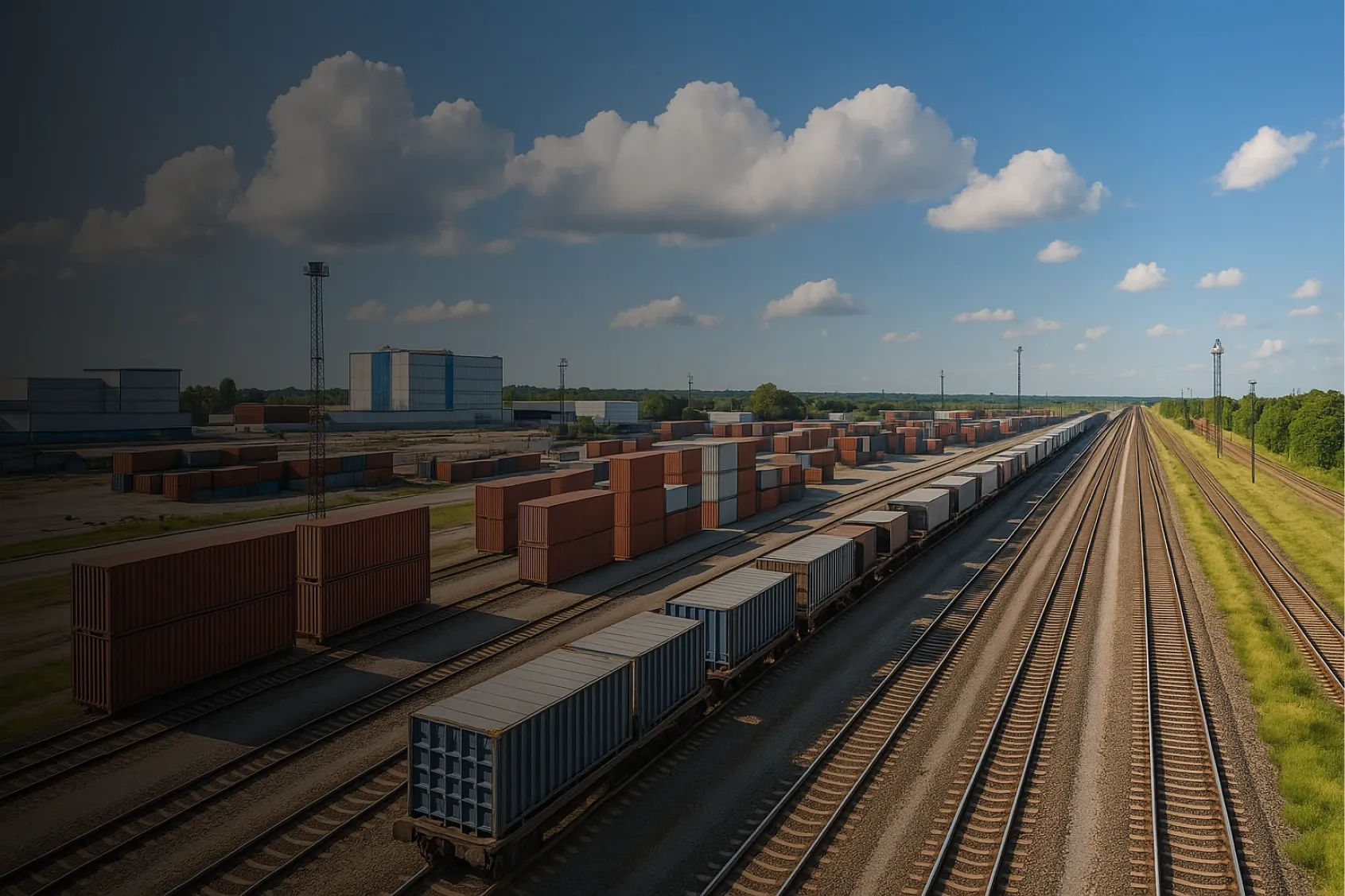 Freight train transporting cargo containers efficiently