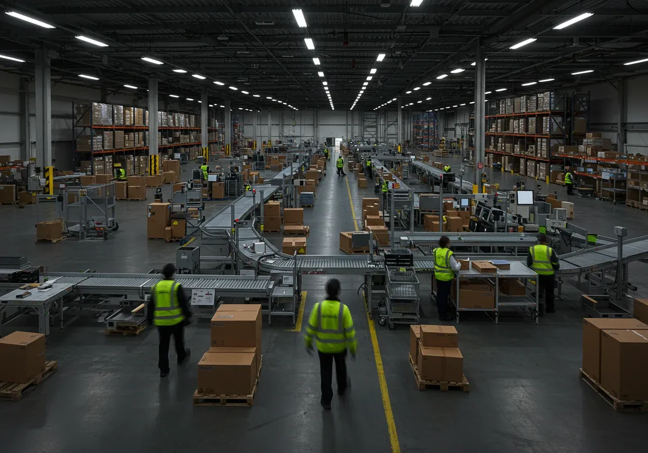 Freight trucks lined up at a distribution center during peak season