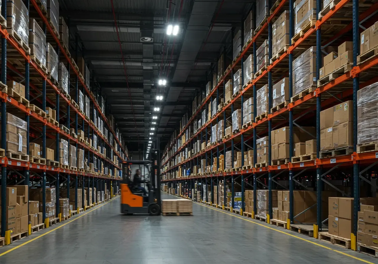 Shared warehouse logistics operations with forklifts and pallets