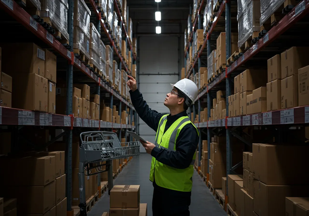 Warehouse aisle with organized inventory