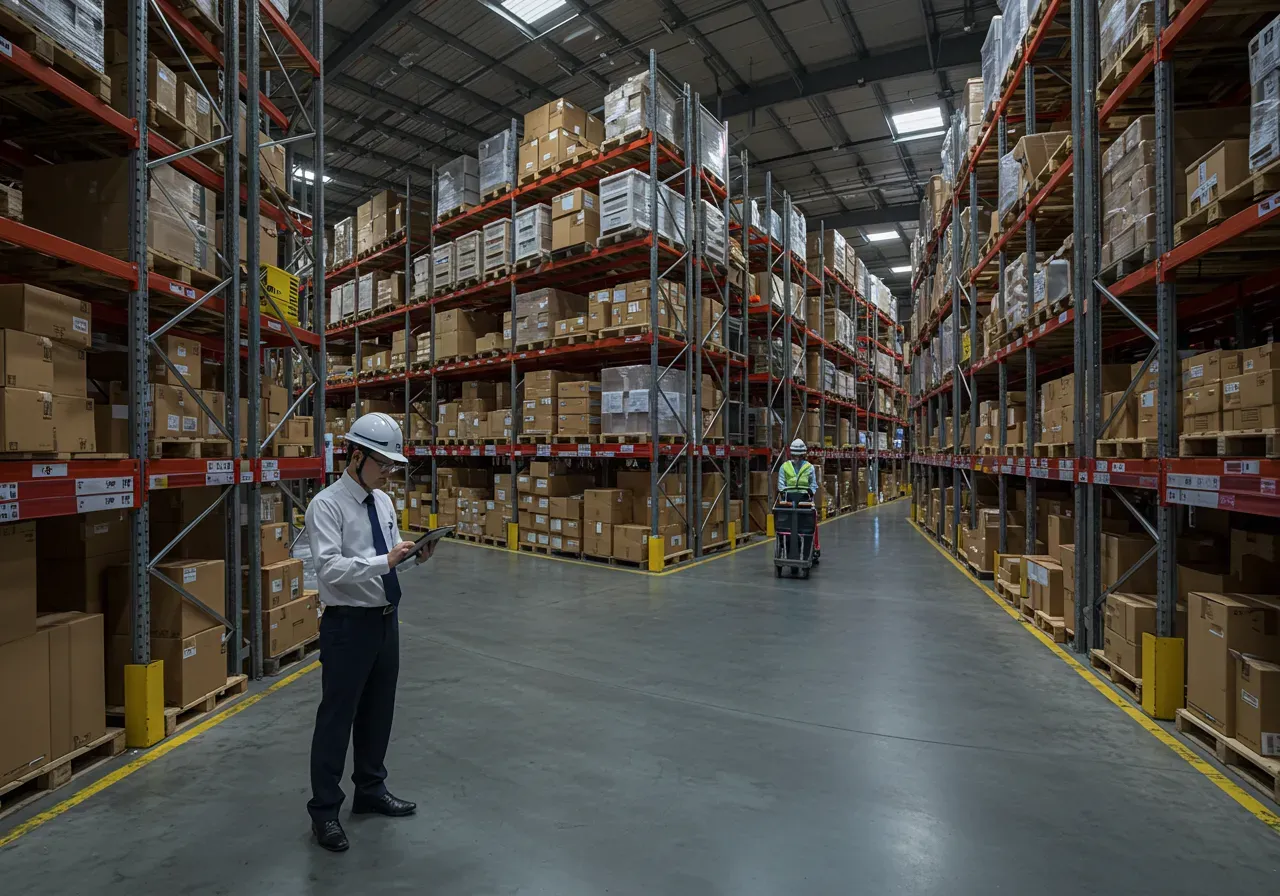 Warehouse with organized inventory and advanced management systems
